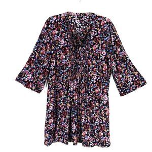 A.n.a. Black Floral Tie Neck 3/4 Sleeve Mini Dress